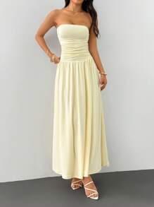 SHEIN PETITE 女士纯色褶饰修身抹胸连衣裙，优雅夏日 - 黃色 - 查看 7