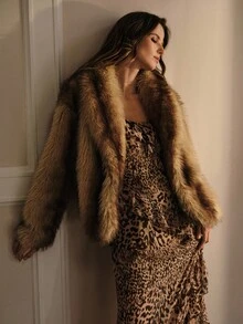 MOTF PREMIUM Cappotto oversize con collo scialle in pelliccia sintetica, spalle a caduta, autunno inverno - Caffè Marrone - Visualizzare 9