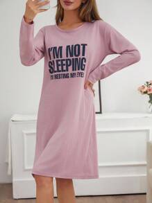 EURMUSE Damska sukienka piżamowa z okrągłym dekoltem i długim rękawem w kontrastowym kolorze, z napisami i nadrukiem - Jasnofioletowy - Zobacz 6