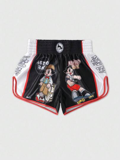 Astro Boy X ROMWE Men's Casual Colorblock Cartoon Graphic Shorts, Summer