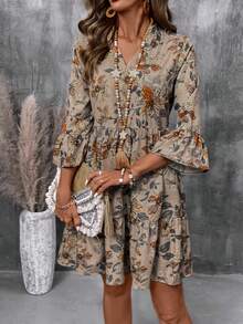 EMERY ROSE Women's Floral Print Cutout V-Neck Ruffled Hem Long Sleeve Mini Dress,Summer Dresses For Women Casual Dresses For Women Holiday Outfits Summer Holiday Outfits Ountry Concert Outfit  Country Dress For Women - Multicolor - View 6
