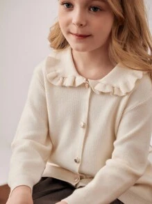 PrepCrw 女童学院风翻领纽扣针织开衫，适合秋冬季穿着。 - 白色 - 查看 7