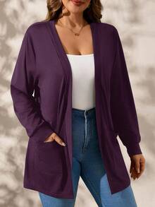 SHEIN Clasi Jaket Rajut Ungu Tua Lengan Panjang dengan Kantong, Ukuran Besar, Pakaian Musim Gugur untuk Wanita - Red Violet - View 4