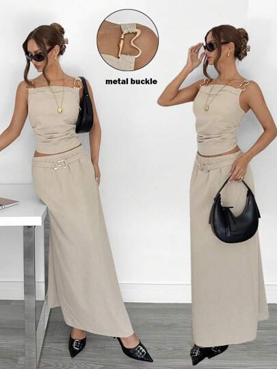 Siren Gaze Elegant Business Casual Woman Teacher Outfits For Women | 2025 Fall & Winter New Arrival Linen Sleeveless Top & Mini Skirt 2 Pieces Set | Metal Button Decor | Old Money Style | Perfect For Business Casual, Teaching, Daily Commute, And Night Out Summer Brown