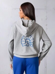 SHEIN Sports Damen Lässiger Street Grafik Muster Kapuzen Pullover Sweatshirt - Grau - Übersicht 4