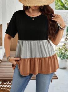 EMERY ROSE Áo thun dài tay cổ tròn phối màu cỡ lớn cho nữ cỡ lớn, tay ngắn, viền bèo nhún, thường ngày cho ngày của Mẹ vào mùa xuân và mùa hè. Áo phông cỡ lớn thường ngày cho nữ cỡ lớn, quần áo mùa thu cho nữ. - Nhiều màu - Xem 4