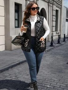 EMERY ROSE Plus Size Women Leopard Print Reversible Zipper Front Casual Vest Jacket, Winter, Fall Women's Clothes, Autumn/Winter,Winter Clothes For Women - Black - View 6