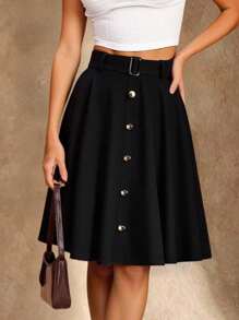 EMERY ROSE Casual Everyday Sunburst Button Decor Women's Skirt - Black - View 5