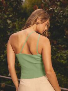 Aralina Blusa de punto ajustada sin mangas de unicolor con conexión de anillo de un solo hombro para mujer - verde menta - Ver 2