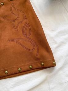 Soleia 女士性感抹胸绒面革铆钉解构短款上衣和低腰迷你裙 2 件套，适合节日派对、圣诞节、约会、夜总会、海滩、游轮、下午茶、波西米亚风、波西米亚风、浪漫花卉、度假 - 棕色 - 查看 7