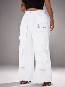 Slaydiva Plus Size Casual Solid Color Patch Distressed Wide Leg Jeans - White - View 5