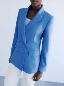 Maija Veste blazer pour femmes à col croisé, poches et décoration minimaliste urbaine. Polyvalente pour un usage urbain, décontracté, formel, professionnel, enseignement, automne/hiver - Bleu azur - Voir 6