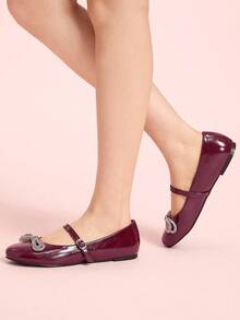 CUCCOO DOLLMOD Women's Wine Red PU Diamond Bow Decor T-Strap Cute Mary Jane Flats - Burgundy - View 4