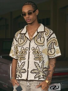 AXEPEAK 宽松腰果花图案男士短袖针织上衣 - 彩色 - 查看 3