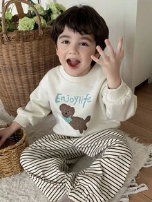 DAZY 2pcs Kids Fall Outfit, Young Boys Cartoon Graphic Fleece Sweatshirt And Striped Loose Casual Pants Set, Autumn, Winter - Apricot - View 4