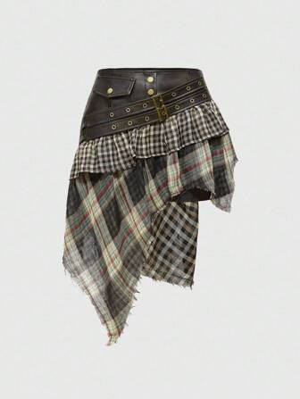 Grunge Punk Gonna asimmetrica da donna in pelle sintetica marrone scuro, con motivo a quadri e patchwork, in stile romantico punk