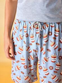 Conjunto de ropa informal para hombre con impresión de café, manga corta y pantalones cortos para estar en casa