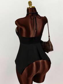 Amplova 亮片蕾丝拼布亮片刺绣图案不对称下摆女式吊带背心 - 棕色 - 查看 6