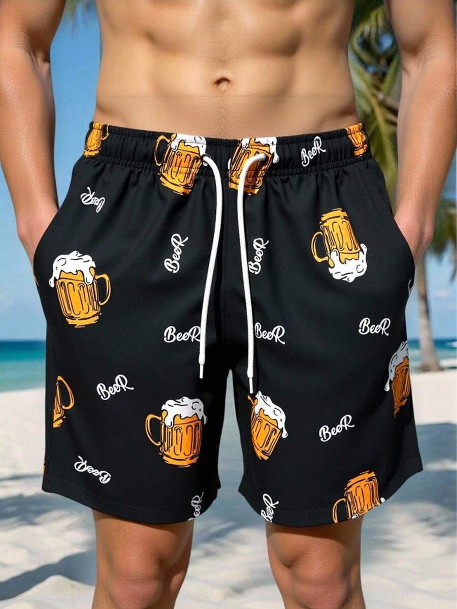 Manfinity Swimmode 休闲男士短款沙滩装，趣味啤酒印花，舒适松紧腰带，男士泳裤，新颖泳裤，啤酒泳裤，男士沙滩短裤，男士泳衣短裤