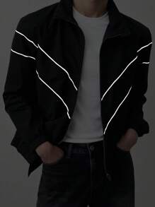 SHEIN Teenage Boys' Contrast Color Print Long Sleeve Jacket,In Fall/Winter - Black - View 1
