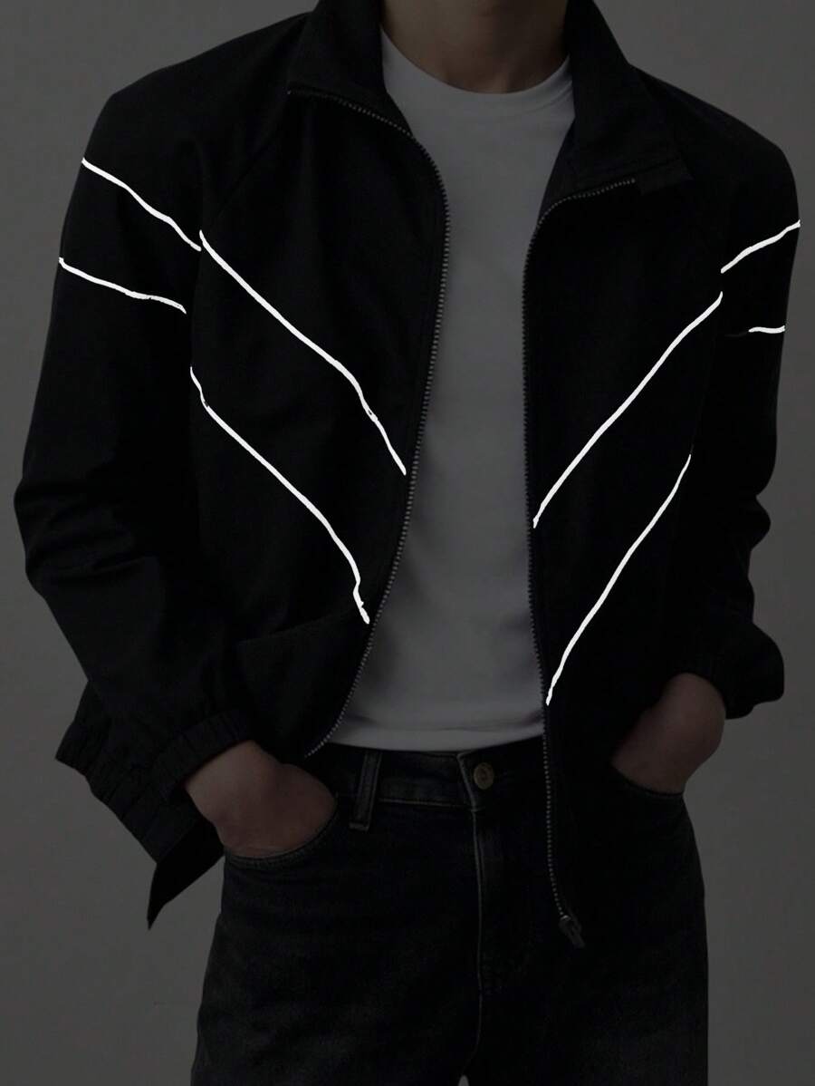 SHEIN Teenage Boys' Contrast Color Print Long Sleeve Jacket,In Fall/Winter - Black - View 1