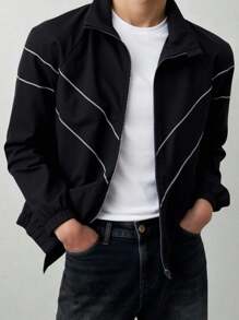 SHEIN Teenage Boys' Contrast Color Print Long Sleeve Jacket,In Fall/Winter - Black - View 3