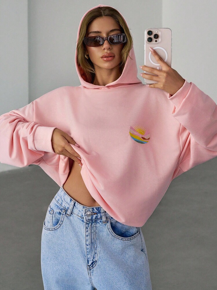 EURMUSE Casual Loose Embroidered Drop Shoulder Hoodie - Pink - View 4