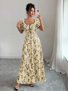 Elenzga Women's Vintage Elegant Floral Print Square Neck A-Line Maxi Dress, Suitable For Casual, Vacation, Daily Gathering, Spring/Summer