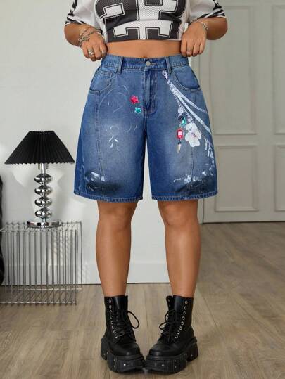 SHEIN ICON 大码休闲水洗印花牛仔短裤