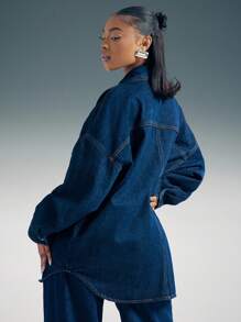 Denimoi 落肩长袖宽松单排扣休闲口袋牛仔衬衫长袖牛仔上衣 - 深色水洗藍 - 查看 3