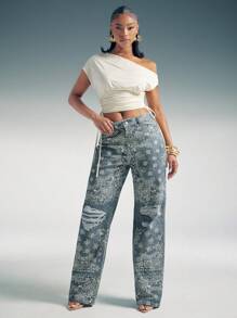 Denimoi Jeans rectos de mezclilla con estampado de paisley en todo el tejido con lavado vintage