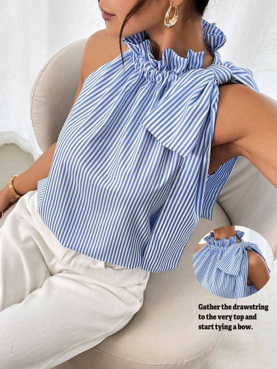 SHEIN Clasi Women Striped Ruffle Collar Bowknot Sleeveless Blouse, Spring & Summer - Blue - View 1