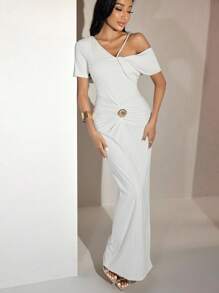 Modelyn Women's Elegant Solid Color Asymmetrical Collar Long Dress, Summer, All White Party Outfit - White - View 5