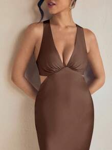 Amiko 棕色斜纹垂坠缎面吊带裙，搭配系带婚礼优雅连衣裙夏季度假 - 棕色 - 查看 5