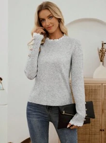 EMERY ROSE 全新秋冬焕新套头高领柔软蕾丝针织毛衣，百搭优雅，适合女士灰色毛衣女士毛衣蕾丝边毛衣浅灰色上衣立领毛衣 - 灰色 - 查看 4