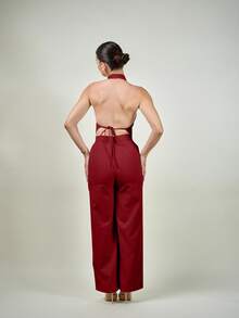 Andrea Bello Deep V Backless Camisole And Wide Leg Pants Suit For Office, Commuting And Going Out, Spring Summer - Red - View 2