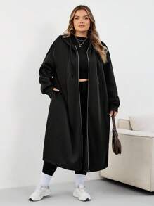 SHEIN CURVE+ Plus Size Women Long Hooded Jacket Coat, Suitable For Autumn/Winterfall Clothes For Women,Winter,CURVE PLUS Black Hooded Coat/Autumn /Winter - Black - View 9