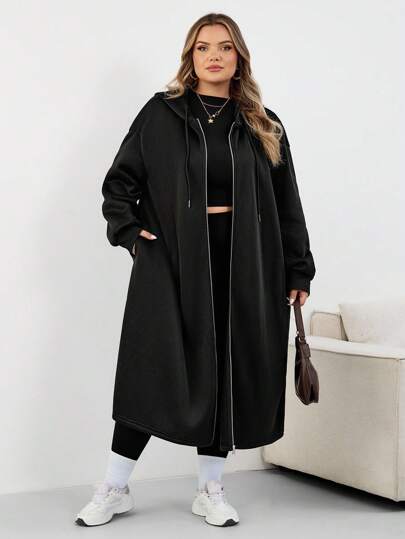 SHEIN CURVE+ Plus Size Women Long Hooded Jacket Coat, Suitable For Autumn/Winterfall Clothes For Women,Winter,CURVE PLUS Black Hooded Coat/Autumn /Winter