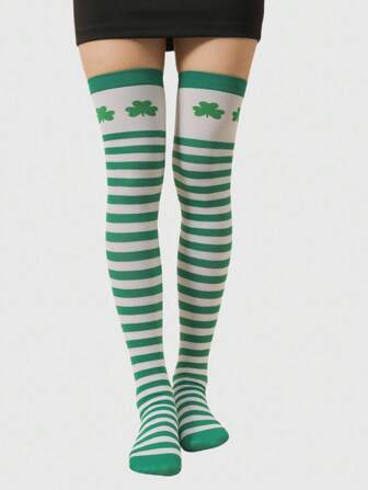 Grunge Punk Medias altas con estampado aleatorio de trébol de cuatro hojas con rayas verdes, estilo Y2K versátil sobre la rodilla, adecuadas para fiestas, reuniones y ocasiones sociales