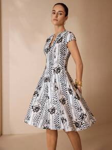 Shutterstock Glamance Women's Floral Polka Dot Print V-Neck Dolman Sleeve Elegant Dress Polka Dot Dress Women Summer Dress Patterned Dress Date Night Outfits Women Casual