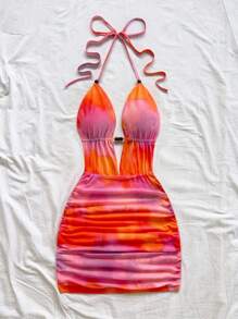 Soleia 女士浪漫针织网眼日落渐变印花深 V 领露背褶饰紧身迷你连衣裙，适合节日、约会、下午茶、海滩度假、城市旅行、婚礼季、音乐节、波西米亚风度假，可内外穿着