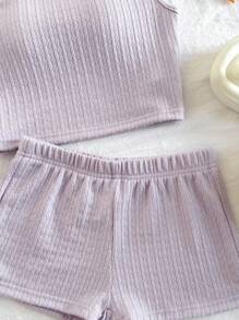SHEIN Bộ 2 món đồ thường ngày cho bé gái tuổi mới lớn: Áo len dệt kim lệch vai có họa tiết và quần short ôm sát, thích hợp cho tiệc tùng, bãi biển, du ngoạn, lễ hội, mùa hè - Màu tím hoa cà - Xem 4
