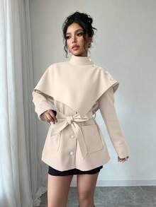 Elenzga Women's Stand Collar Loose Casual Minimalist Long Sleeve Coat, Autumn/Winter - Beige - View 4