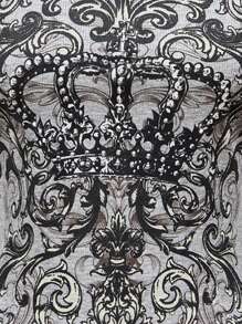 ROMWE Avant Áo crop top vương miện đính đá Y2K Kpop, áo ba lỗ họa tiết cổ điển dành cho nữ - Xám - Xem 4