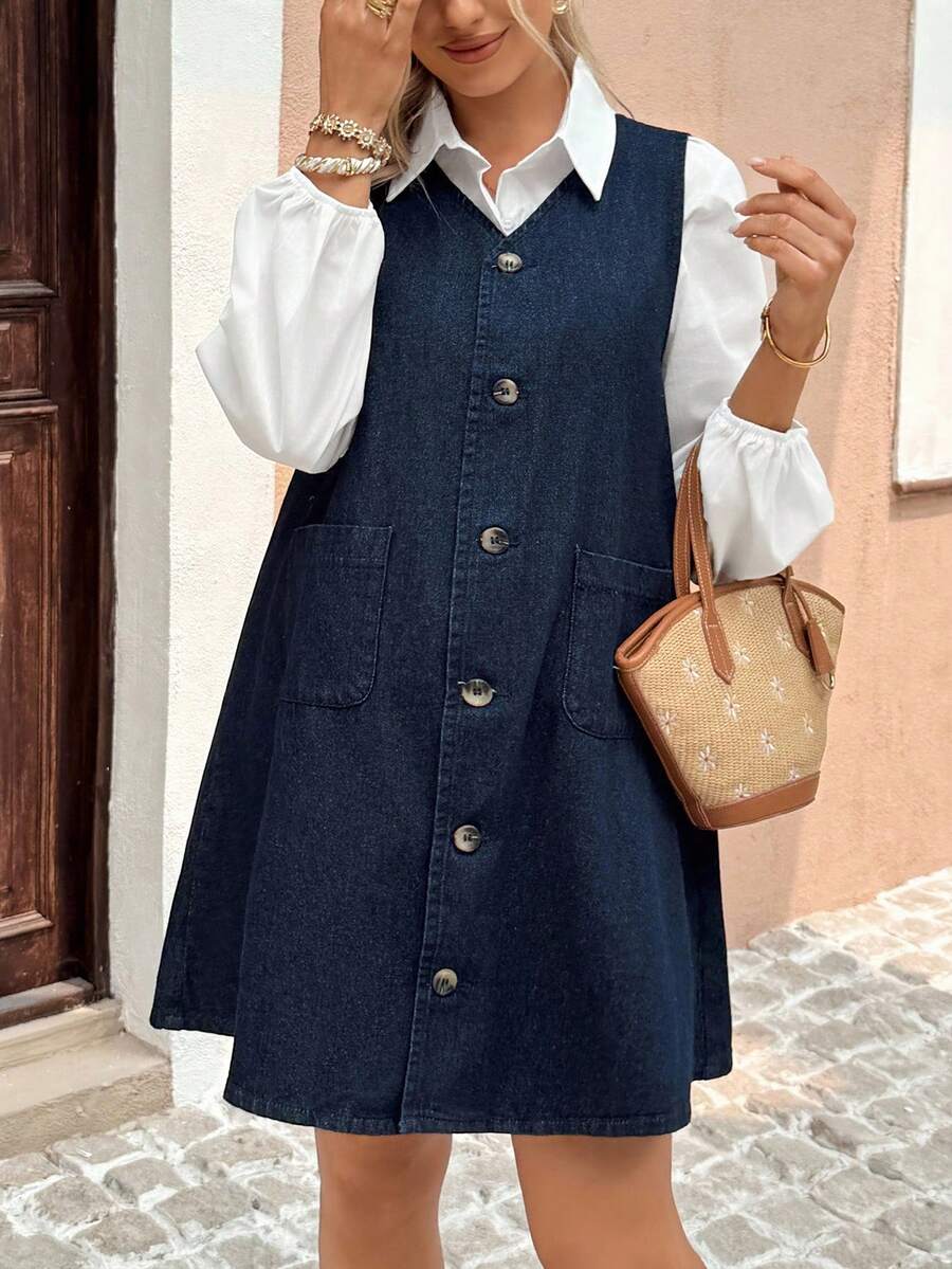 SHEIN 孕妇装 秋季 秋季 冬季 万圣节 圣诞节 国庆节 优雅街头装 生日装 夜间外出 俱乐部装 机场装 商务休闲女装 乡村复古 朴素老钱商务休闲女装 工作 V 领单排扣口袋休闲宽松无袖牛仔蓝色连衣裙 牛仔无袖纽扣前休闲连衣裙 适合所有季节 - 藍色 - 查看 1