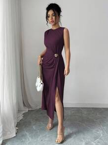 Elenzga 女士优雅简约纯色无袖中长连衣裙，褶皱细节，金属扣装饰，适合通勤、商务、休闲、度假、下午茶 - 紫紅色 - 查看 6