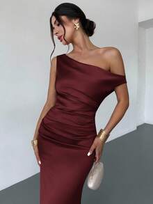 Firerie Women's Champagne Asymmetric Satin Mermaid Dress, Elegant Evening Gown For Formal Occasions, Suitable For Commute, Formal, Sexy, Romantic, Date, Wedding Season, Graduation, Performance, Concert Formal Dresses For Wedding Guest,Wedding Guest Dress - Burgundy - View 4