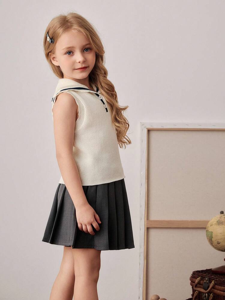 PrepCrw Young Girls' Sleeveless Knitted Vest With Navy Collar Girls Uniform Dress Young Girl School Uniform Girls School Clothes Pleated Skirt Sets Girls Sailor Top, In Fall/Winter - Multicolor - View 3