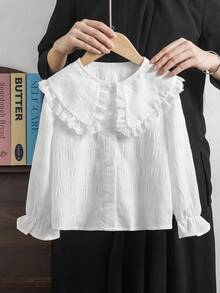 SHEIN 年轻女孩休闲白色纹理长袖衬衫 - 白色 - 查看 2