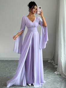 Rafferiza 紫色时尚简约优雅 V 领褶皱网眼灯笼袖女式春夏连体裤，搭配同色飘逸网眼装饰设计新颖女士连体裤 - 淡紫色 - 查看 5